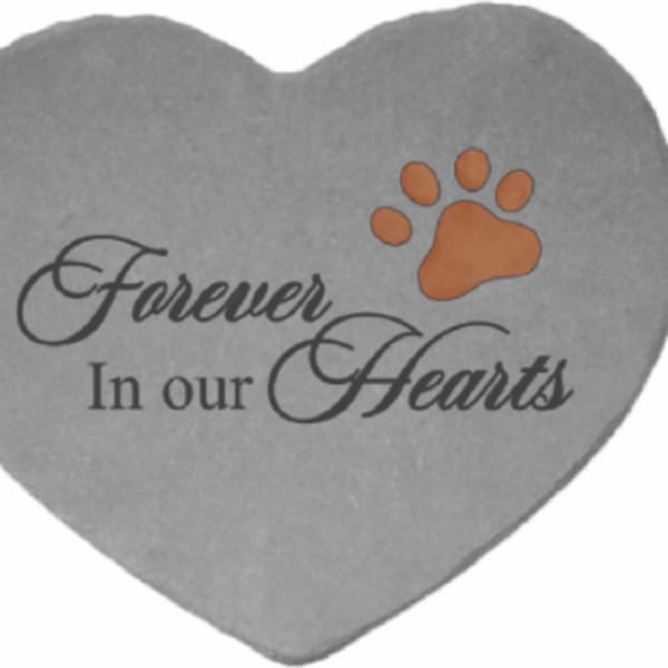 Gray heart-shaped memorial stone with "Forever In our Hearts" text and a paw print