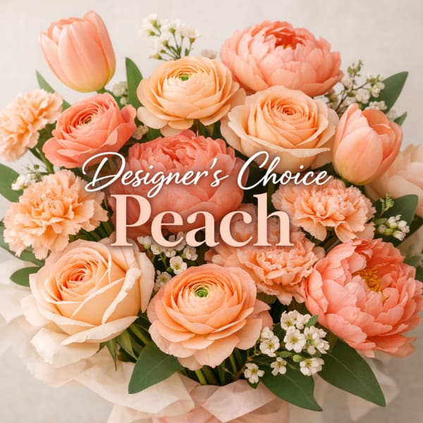 Peach bouquet with roses, ranunculus, tulips, and carnations