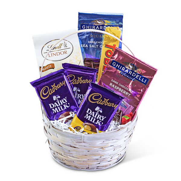 Basket of assorted chocolate bars and candy packages