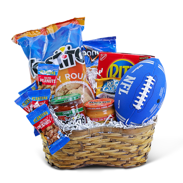 Basket of snack foods with chips, peanuts, salsa, and a toy football