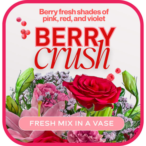 Berry-themed floral graphic with roses, lilies, and pink text