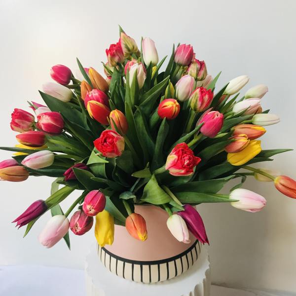 Bouquet of multicolored tulips in a pink vase