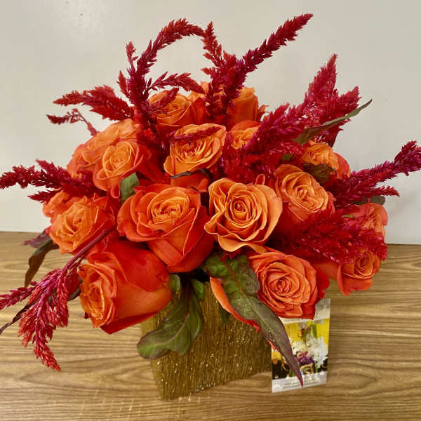 Orange roses in a gold vase with red feathery accents