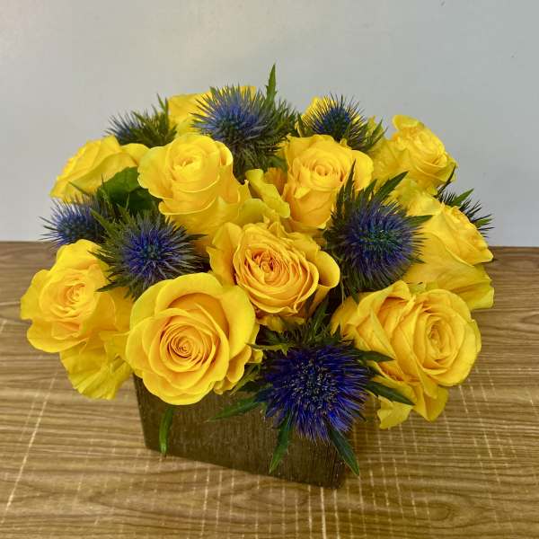Yellow roses with blue thistle in a low square vase
