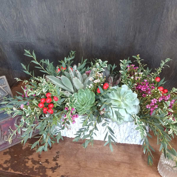 Succulent arrangement with red berries in a white container