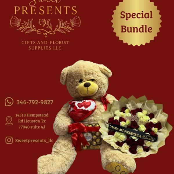 Teddy bear holding a rose bouquet and chocolates on a red background