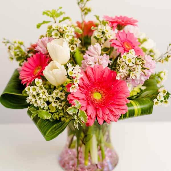 Pink gerbera daisies and white tulips in a glass vase