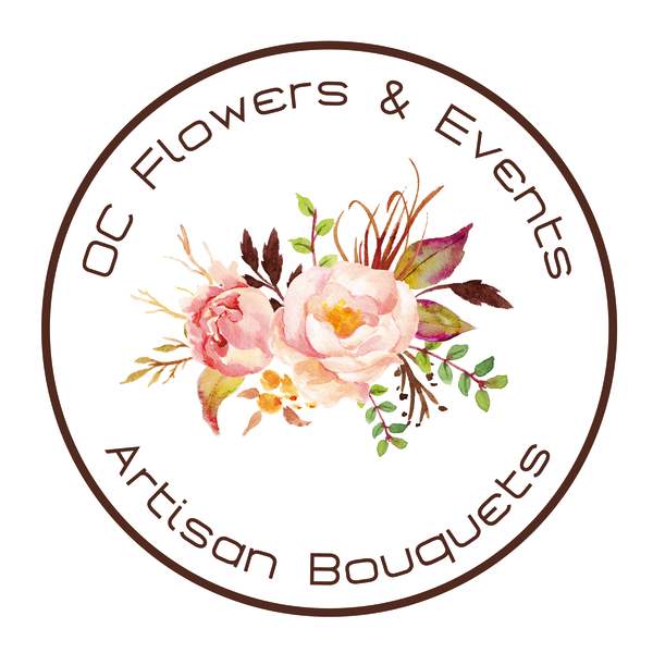 Circular floral logo with pink peonies and brown text