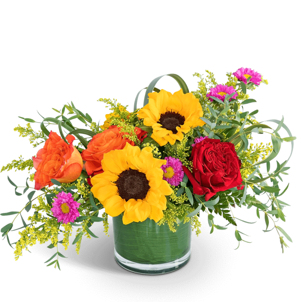 Sunflowers, roses, and purple daisies in a glass vase