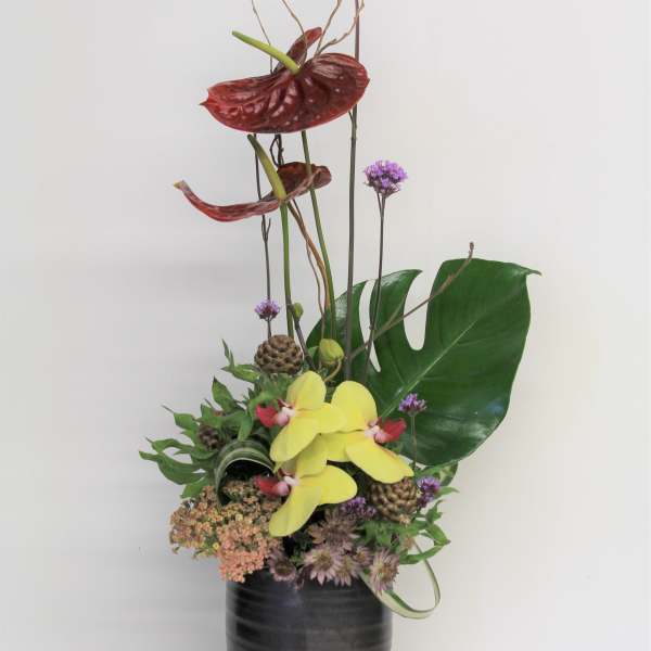 Tall floral arrangement with yellow orchids and red anthuriums in a dark vase