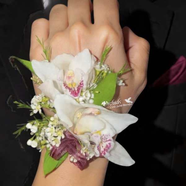 Cymbidium Orchids Corsage Wax Flower & Burgundy Ribbon