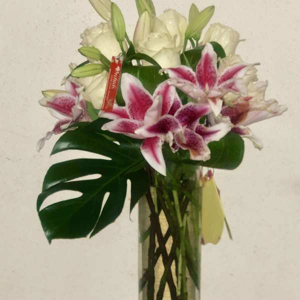 Elegant expression Stargazer Lily & Long Stem White Roses