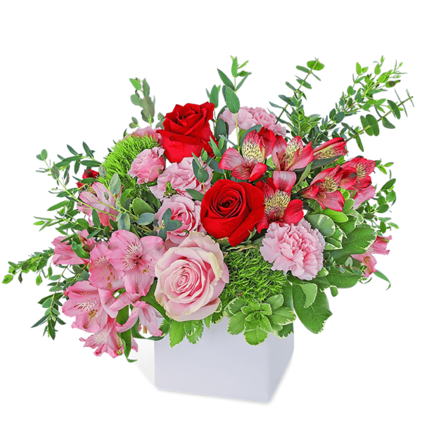 Pink and red flower arrangement in a white vase