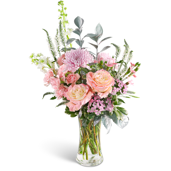 Pink roses and chrysanthemums in a clear glass vase