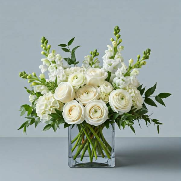 White floral arrangement in a clear glass vase