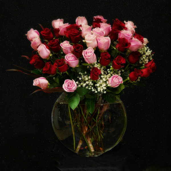Bouquet of pink and red roses in a round glass vase