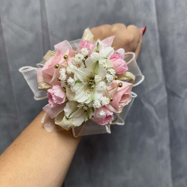 White pink alstroemerias spray rose corsage