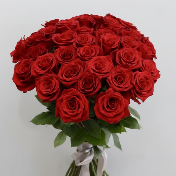 Large hand-tied bouquet of red roses with long stems tied by a silver ribbon