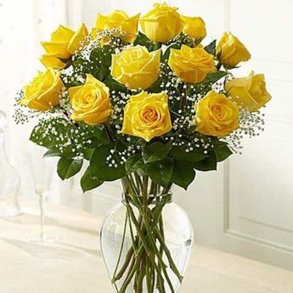 Yellow roses arranged in a clear glass vase with baby's breath