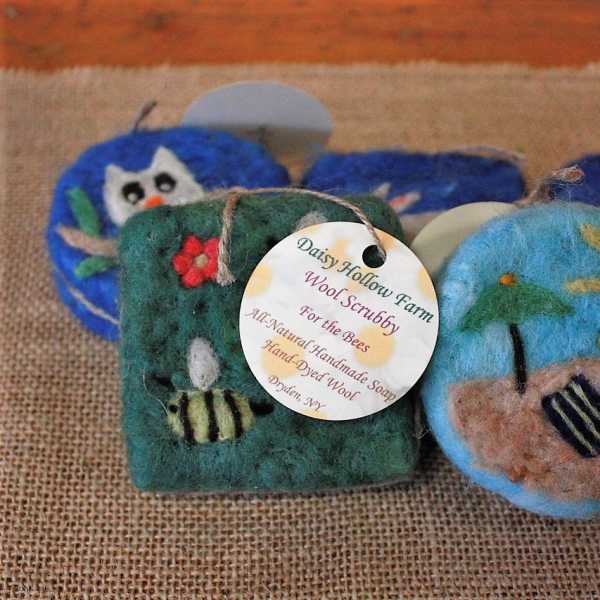 Handmade wool scrubby soaps with bee and flower designs