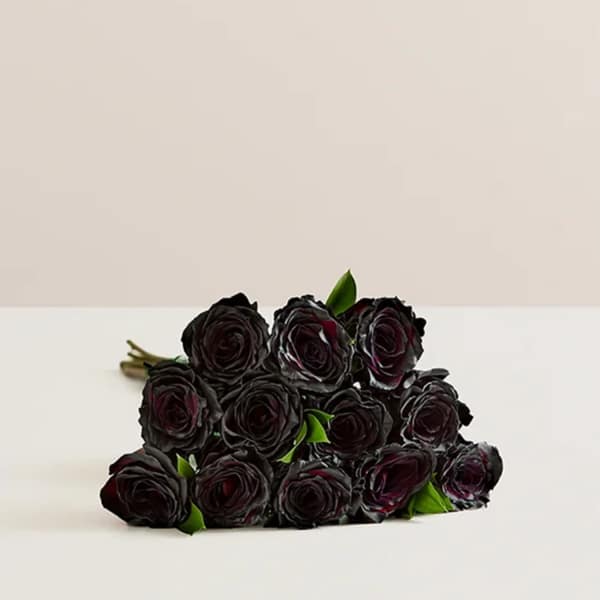 Bouquet of dark red roses with green leaves