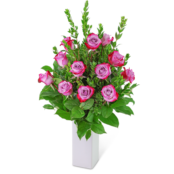 Pink roses arranged in a white rectangular vase
