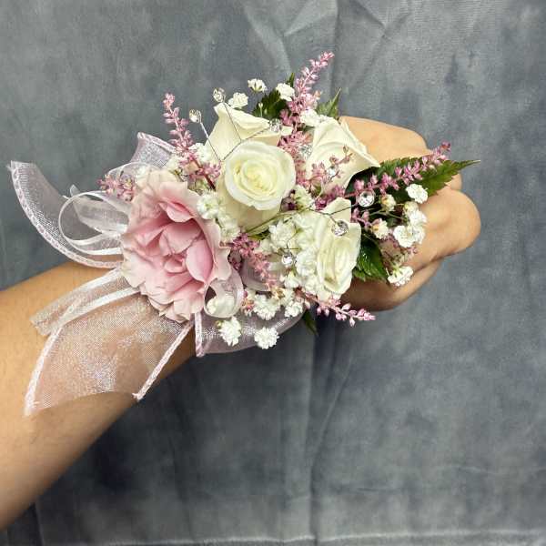 White pink spray roses corsage