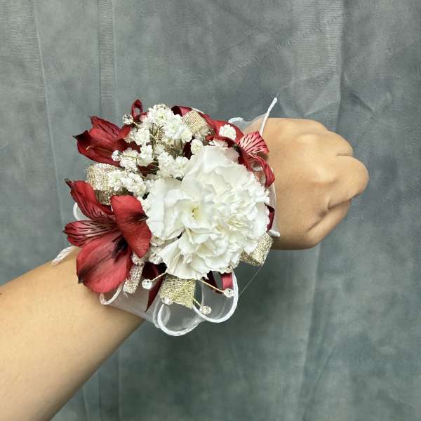 White carnation red gold corsage
