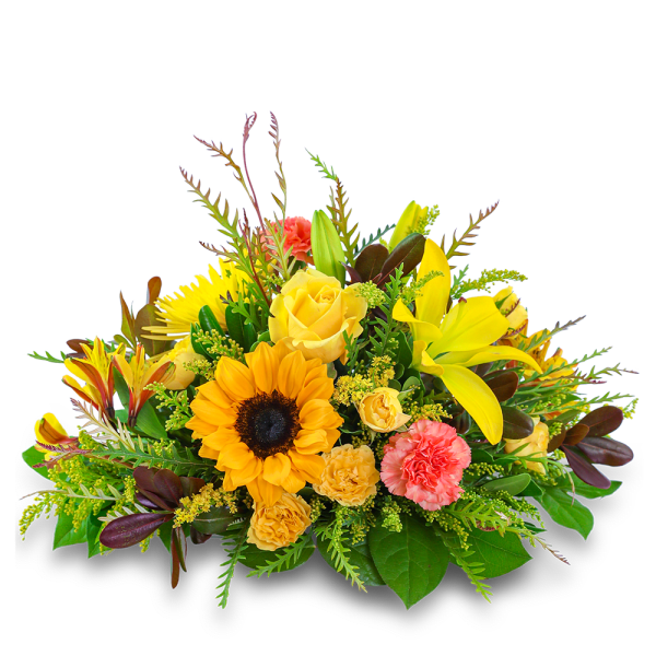 Bouquet of yellow and orange flowers with a sunflower and lilies