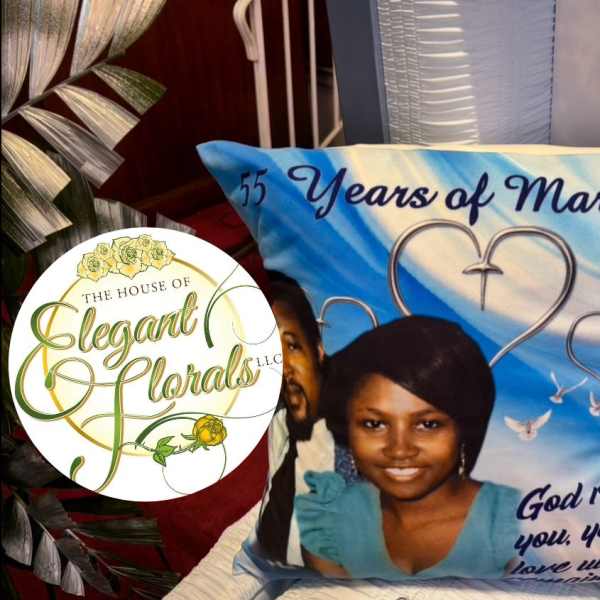 Custom memorial pillow with a woman’s portrait and 55 years of marriage text