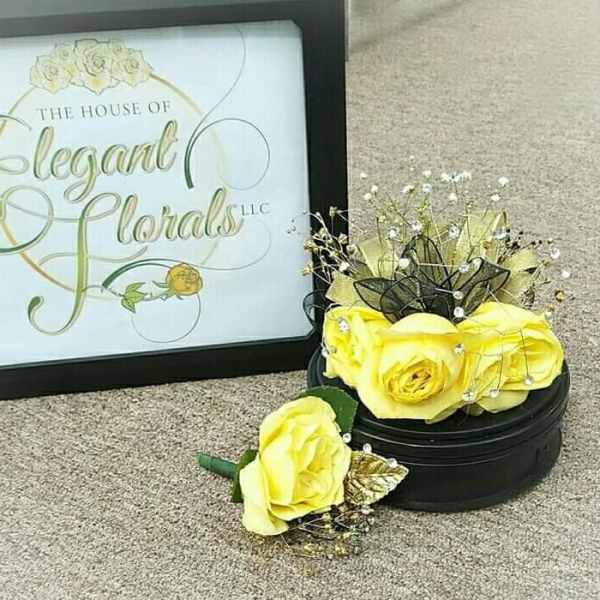 Yellow rose bouquet with a matching boutonniere and gift box