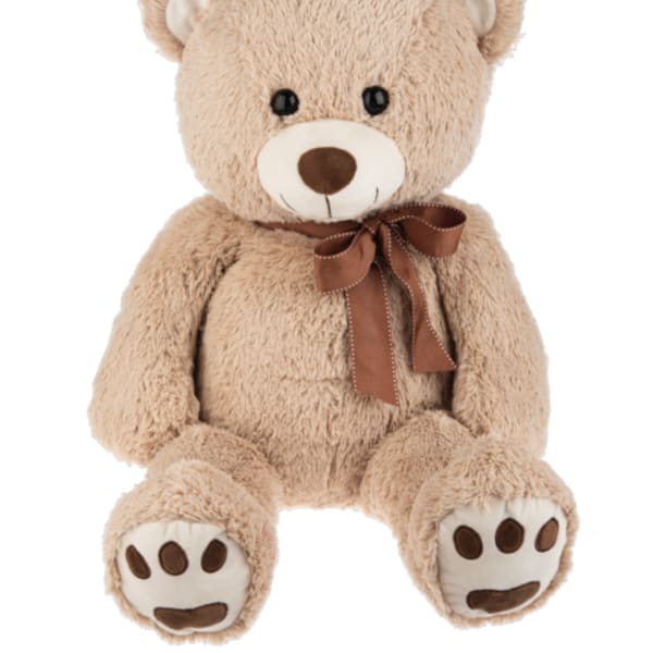 Large tan teddy bear with brown bow sitting upright facing forward