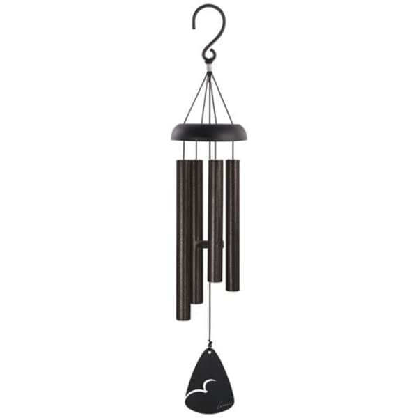 Black metal wind chime with hanging tubes and a clapper