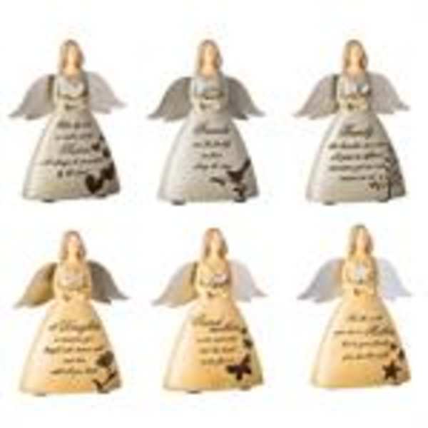 Six angel figurines with printed text and butterfly accents