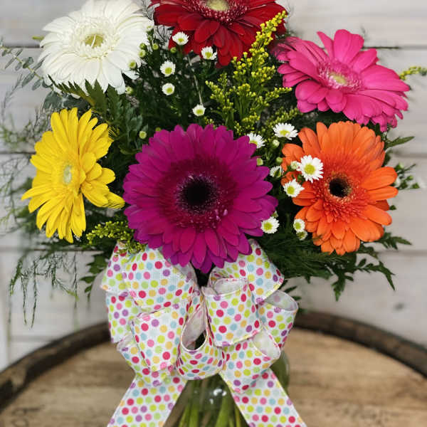 Colorful gerbera daisy bouquet in a glass vase with a polka-dot bow