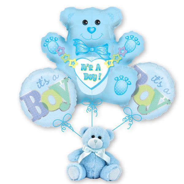 Blue baby boy balloon bouquet with a teddy bear