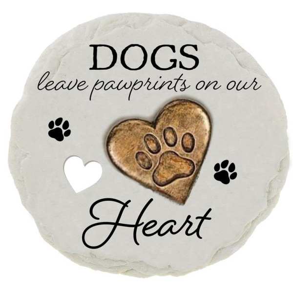 Round memorial stone with paw print heart and the words "Dogs leave pawprints on our Heart"