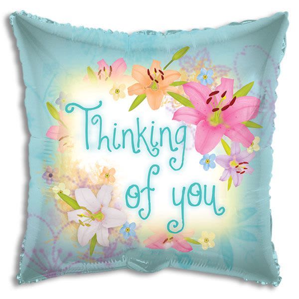 Light blue square balloon with pastel lilies and the words Thinking of you.