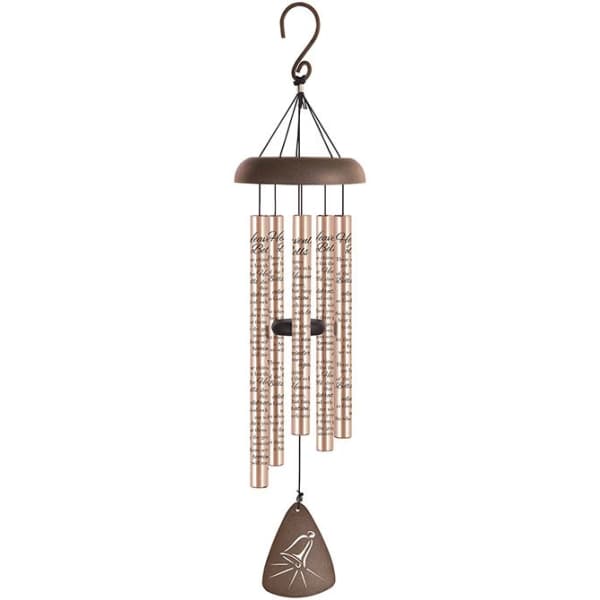 Copper wind chime with hanging tubes and a bell-shaped pendant