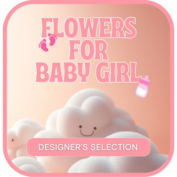 Pink baby girl graphic with clouds, footprints, and a bottle icon