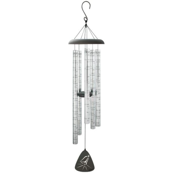 Metal wind chime with silver tubes and a black top and clapper