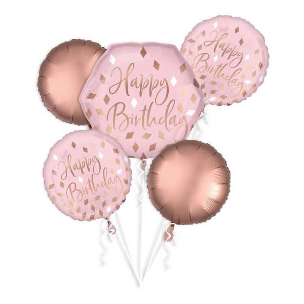 Cluster of pink and rose gold birthday balloons with ribbons