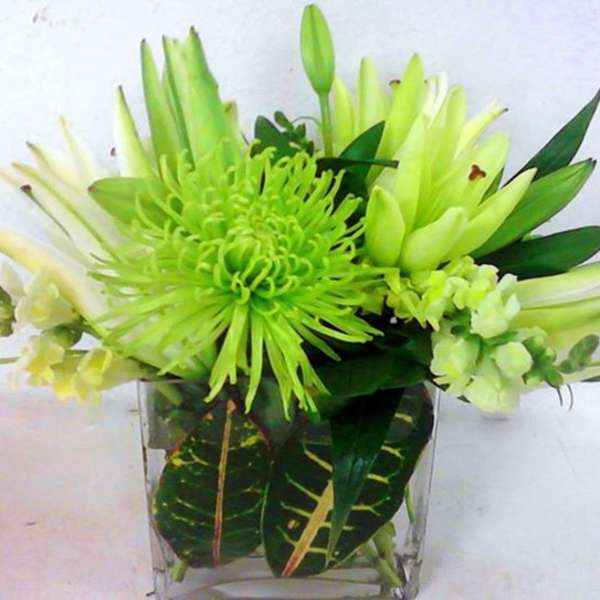 Green and white floral arrangement in a clear glass vase