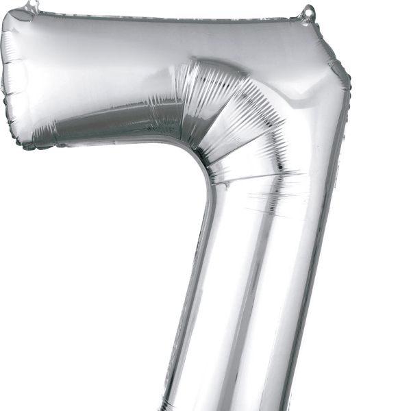 Silver foil balloon shaped like the number 7