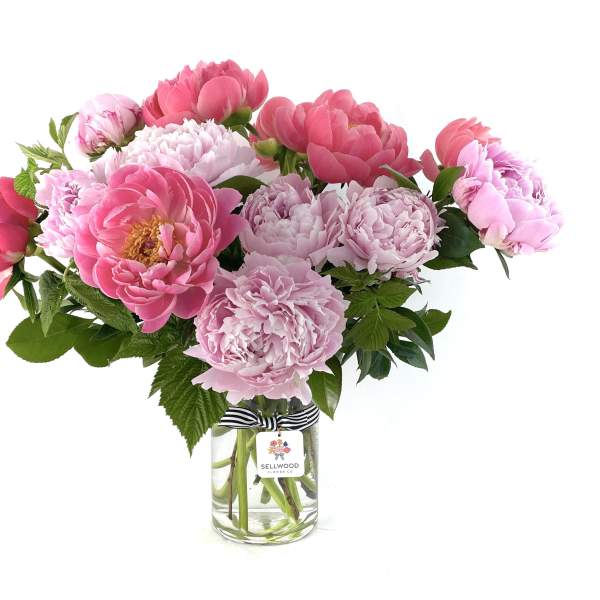 Pink peonies arranged in a clear glass vase