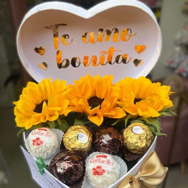 Cajita con girasoles y chocolates