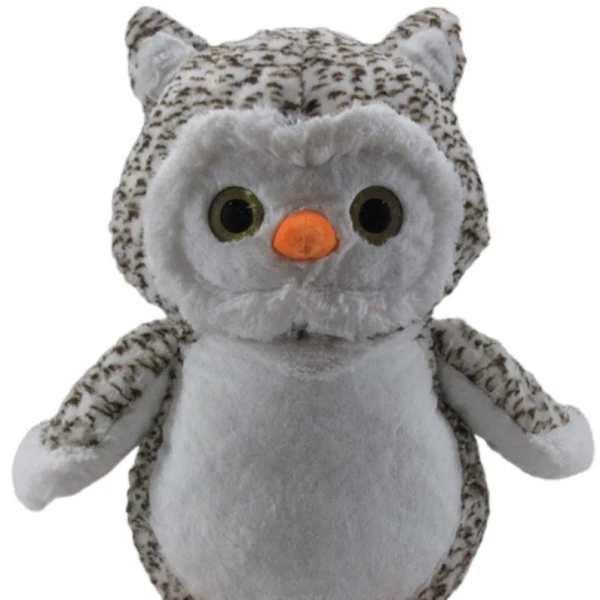 Plush owl toy with gray and white fur and orange beak and feet