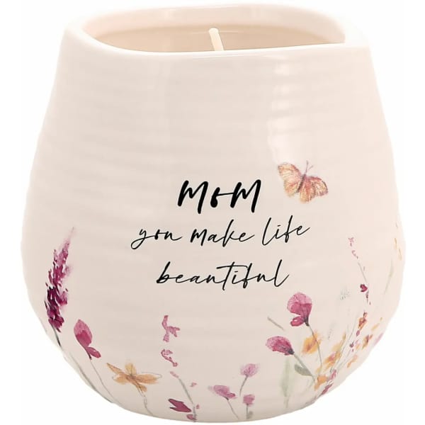 Cream candle holder with butterfly and floral print and "Mom you make life beautiful" text