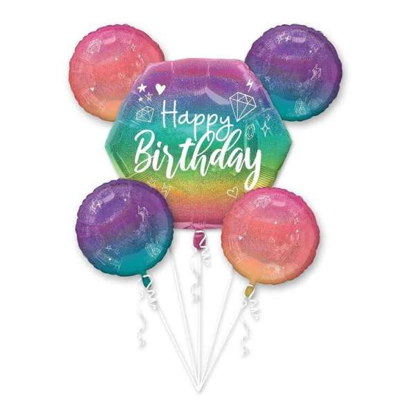 Rainbow birthday balloon bouquet with five round balloons