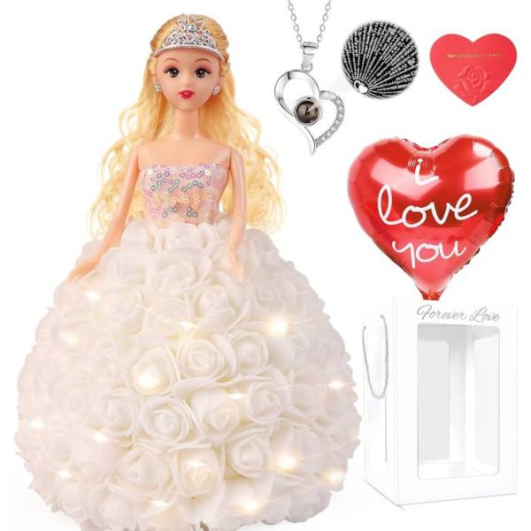 Blonde doll in a white rose dress with a heart balloon and necklace gift